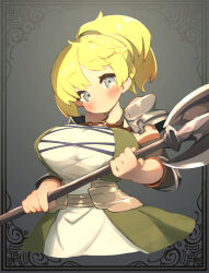 Rule 34 | 1girl, alternate breast size, armor, axe, blonde hair, blue eyes, blush, border, celeste (unicorn overlord), closed mouth, commentary request, dot mouth, eyelashes, fantasy, gradient background, grey background, high ponytail, highres, holding, holding axe, looking at viewer, medium hair, ornate border, pauldrons, shoulder armor, solo, unicorn overlord, upper body, yama nedo