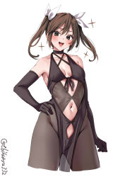 Rule 34 | 1girl, :d, alternate costume, bare shoulders, black gloves, blush, breasts, brown eyes, brown hair, clothing cutout, collarbone, cropped legs, ebifurya, elbow gloves, gloves, hair between eyes, hair ribbon, halterneck, hand on own hip, highres, kantai collection, long hair, looking at viewer, navel, navel cutout, one-hour drawing challenge, open mouth, pantyhose, pelvic curtain, ribbon, sidelocks, simple background, small breasts, smile, solo, sparkle, tone (kancolle), twintails, twitter username, white background, white ribbon