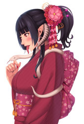 Rule 34 | 1girl, bad id, bad pixiv id, black hair, blush, brown eyes, earrings, fangs, flower, hair flower, hair ornament, hair stick, japanese clothes, jewelry, kate (alice catharsis), kimono, long tongue, open mouth, original, piercing, pointy ears, short hair, short ponytail, smile, snake, solo, tongue, tongue out, tongue piercing, white snake