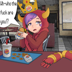 Rule 34 | 1girl, burger, burger king, chair, courtney (pokemon), courtney (pokemon oras), creatures (company), crown, cup, drawfag, drinking straw, food, game freak, gloves, highres, holding, holding food, hood, hoodie, long sleeves, nintendo, onion rings, open mouth, paper crown, pokemon, pokemon oras, profanity, purple eyes, purple hair, sitting, sweater, team magma, team magma uniform, unworn gloves