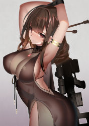 Rule 34 | 1girl, anti-materiel rifle, armlet, armpits, arms up, ass, black dress, bolt-action rifle, bolt action, breasts, brown eyes, brown hair, bullpup, cleavage, cowboy shot, dress, dsr-50, dsr-50 (girls&#039; frontline), dsr-50 (highest bid) (girls&#039; frontline), earrings, from side, front-tie top, girls&#039; frontline, grey background, gun, highres, jewelry, large breasts, long hair, looking at viewer, machimura komori, official alternate costume, parted lips, rifle, side slit, sidelocks, simple background, sniper rifle, solo, sweat, twisted torso, weapon