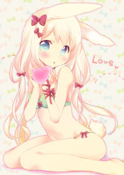 Rule 34 | 1girl, :o, animal ears, arched back, arm ribbon, blonde hair, blue eyes, blush, bow, bow bra, bow panties, bra, ech, green bra, green panties, hands up, heart, holding, holding heart, long hair, looking at viewer, navel, original, panties, parted lips, rabbit ears, rabbit tail, red bow, red ribbon, ribbon, sitting, solo, tail, tareme, thighs, underwear, underwear only, wariza