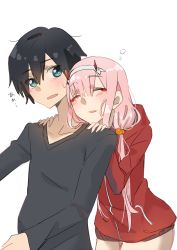 Rule 34 | 10s, 1boy, 1girl, absurdres, black hair, blue eyes, blush, couple, darling in the franxx, closed eyes, fringe trim, grey shirt, hair ornament, hairband, hands on another&#039;s shoulders, highres, hiro (darling in the franxx), hood, hooded jacket, horns, jacket, long hair, long sleeves, looking back, nakoya (nane cat), oni horns, pink hair, red horns, red jacket, shirt, short hair, sweatdrop, white hairband, zero two (darling in the franxx)