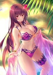 Rule 34 | 1girl, absurdres, bare shoulders, bikini, blurry, blurry background, blush, breasts, bridal garter, chain, cleavage, clothes lift, collarbone, depth of field, emanon123, fate/grand order, fate (series), flower, frown, gold bracelet, gold chain, hair flower, hair ornament, hibiscus, highres, kunai, large breasts, long hair, looking at viewer, navel, open mouth, purple bikini, purple hair, purple sarong, red eyes, sarong, sarong lift, scathach (fate), scathach (fate/grand order), scathach (swimsuit assassin) (fate), solo, swimsuit, thigh strap, weapon