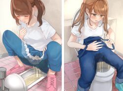 Rule 34 | 2girls, absurdres, blouse, blue footwear, blue overalls, blue pants, blush, brown eyes, brown hair, full body, hair between eyes, highres, looking down, multiple girls, noa cell, open mouth, original, overalls, pants, pee, peeing, peeing self, pink footwear, puddle, restroom, shirt, side ponytail, sitting, squat toilet, squatting, tears, toilet, twintails, white shirt