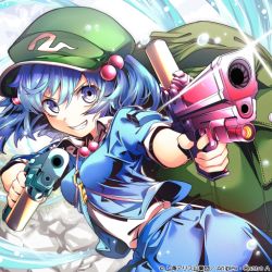 1girl aiming aiming_at_viewer arikanrobo blue_eyes blue_hair blue_shirt blue_skirt commentary_request flat_cap glint green_hat grin gun hair_between_eyes hair_bobbles hair_ornament hat kawashiro_nitori key leaning_to_the_side looking_at_viewer shirt shirt_under_shirt skirt smile solo teeth touhou touhou_cannonball twintails water water_drop watermark weapon