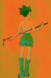 Rule 34 | 1boy, bare shoulders, child, fishing rod, from behind, full body, gon freecss, green footwear, green hair, green shorts, highres, holding, holding fishing rod, hunter x hunter, kaze no, looking to the side, male focus, orange background, profile, short hair, shorts, signature, solo, spiked hair, topless male