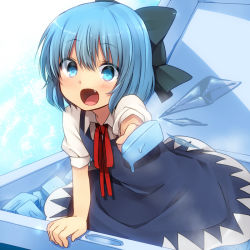 Rule 34 | 1girl, aiming, aiming at viewer, arm support, blue dress, blue eyes, blue hair, blush, bob cut, bow, cirno, dress, fang, feeding, food, freezer, gari gari-kun, hair bow, ice, ice cream, ice wings, incoming food, looking at viewer, marimo danshaku, matching hair/eyes, mundane utility, open mouth, outstretched arm, popsicle, pov feeding, puffy sleeves, shirt, short sleeves, sitting, smile, solo, touhou, wings