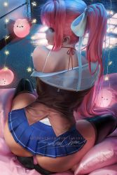Rule 34 | 1girl, arched back, ass, ass focus, ass support, backboob, banned artist, bare shoulders, between legs, black thighhighs, breasts, doki doki literature club, from behind, green eyes, hair ribbon, kneeling, long hair, looking back, medium breasts, miniskirt, monika (doki doki literature club), partially undressed, pillow, pink hair, plump, ponytail, ribbon, sakimichan, school uniform, see-through, unworn shirt, sitting on pillow, skirt, soles, solo, spread legs, thick thighs, thighhighs, thighs