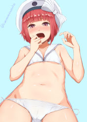 Rule 34 | 10s, 1girl, beret, bikini, blue background, blunt bangs, blush, bow, cameltoe, collarbone, cowboy shot, eyebrows, flat chest, full-face blush, hat, hat bow, hat ornament, kantai collection, kurowan, looking at viewer, navel, red eyes, red hair, ribbon, sailor bikini, sailor collar, side-tie bikini bottom, simple background, smiley face, solo, stomach, striped, striped bow, swimsuit, twitter username, white bikini, white hat, white ribbon, z3 max schultz (kancolle)
