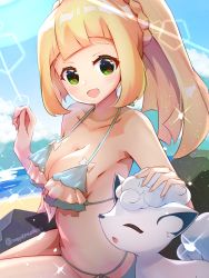Rule 34 | 1girl, :d, alolan form, alolan vulpix, bare arms, bare shoulders, bikini, blonde hair, blue bikini, blush, braid, breasts, cleavage, collarbone, commentary request, creatures (company), day, game freak, gen 7 pokemon, green eyes, highres, lillie (pokemon), long hair, medium breasts, meyamu, nintendo, open mouth, outdoors, petting, pokemon, pokemon (creature), pokemon sm, ponytail, sitting, smile, swimsuit, twitter username, water