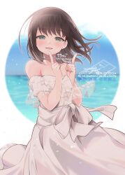Rule 34 | 1girl, anniversary, bare shoulders, blush, brown hair, dated, dress, fubuki (anniversary) (kancolle), fubuki (kancolle), green eyes, half-closed eyes, index finger raised, kantai collection, looking at viewer, n:go, open mouth, signature, solo, strapless, strapless dress, twitter username, water, white dress