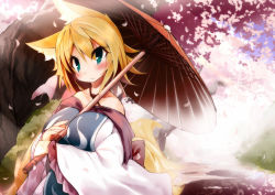 Rule 34 | 1girl, animal ears, bare shoulders, blonde hair, blush, breasts, cherry blossoms, fox ears, fox tail, green eyes, koha, large breasts, multiple tails, oil-paper umbrella, petals, short hair, solo, tail, touhou, umbrella, yakumo ran
