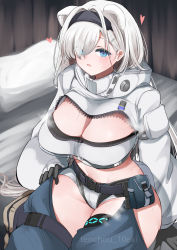 Rule 34 | 10eki (tenchou), 1girl, absurdres, animal ears, arknights, aurora (arknights), bear ears, bed, black hairband, blue eyes, blush, breasts, chaps, cleavage, commentary request, crop top, cropped jacket, grey shorts, hair over one eye, hairband, highres, indoors, infection monitor (arknights), jacket, large breasts, long hair, long sleeves, looking at viewer, midriff, parted lips, pillow, short shorts, shorts, solo, thighs, very long hair, white hair, white jacket