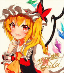Rule 34 | 1girl, :d, ascot, bad id, bad pixiv id, blonde hair, blush, bow, flandre scarlet, hat, hat bow, long hair, looking at viewer, mob cap, open mouth, puffy short sleeves, puffy sleeves, qqqrinkappp, red bow, red eyes, shikishi, short sleeves, side ponytail, signature, simple background, smile, solo, touhou, traditional media, upper body, white hat