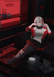 Rule 34 | 1girl, alcohol, antennae, arknights, black gloves, black jacket, black pantyhose, black scarf, bottle, breasts, couch, cup, demon girl, demon horns, drinking glass, fingerless gloves, gloves, grey hair, grey shirt, highres, horns, jacket, looking at viewer, myb52, on couch, open clothes, open jacket, pantyhose, red eyes, red nails, scarf, shirt, short hair, sitting, skirt, smile, solo, w (arknights), wine, wine bottle, wine glass