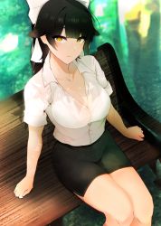 Rule 34 | 1girl, absurdres, alternate costume, azur lane, bench, black hair, black skirt, breasts, chiru (218mg), cleavage, collared shirt, day, from above, hair ribbon, highres, large breasts, long hair, looking at viewer, looking up, medium breasts, outdoors, partially unbuttoned, pencil skirt, ribbon, shirt, short sleeves, sitting, skirt, solo, takao (azur lane), white ribbon, white shirt, wooden bench, yellow eyes