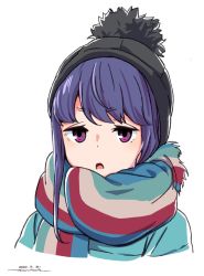 Rule 34 | 1girl, artist name, black headwear, blue hair, bobblehat, coat, cropped torso, dated, frown, green coat, half-closed eyes, horikou, long hair, looking at viewer, multicolored clothes, multicolored scarf, open mouth, portrait, purple eyes, scarf, shima rin, sidelocks, signature, simple background, solo, striped clothes, striped scarf, white background, yurucamp