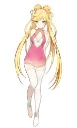 Rule 34 | 1girl, arms behind back, bare shoulders, blonde hair, center opening, dress, full body, green eyes, long hair, looking at viewer, lpip, original, parted lips, pink dress, simple background, sleeveless, solo, thighhighs, very long hair, white background, white thighhighs, zettai ryouiki