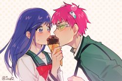 Rule 34 | 1boy, 1girl, blue eyes, blue hair, blush, bow, bowtie, cako (a ben), commentary request, dotted background, eye contact, food, glasses, green eyes, hair ornament, holding, holding food, ice cream, long hair, long sleeves, looking at another, open mouth, pink hair, red bow, red bowtie, saiki kusuo, saiki kusuo no psi nan, school uniform, serafuku, sidelocks, sweatdrop, teruhashi kokomi, twitter username