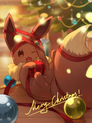 Rule 34 | ;d, blurry, blurry background, brown eyes, christmas, christmas ornaments, commentary request, creatures (company), eevee, game freak, gen 1 pokemon, highres, indoors, lying, merry christmas, nintendo, on back, one eye closed, open mouth, pokemon, red ribbon, ribbon, shine cheese, smile, sparkle
