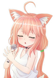 Rule 34 | 1girl, ahoge, animal ear fluff, animal ears, bare arms, bare shoulders, black choker, blush, cat ears, chestnut mouth, choker, closed eyes, collarbone, facing viewer, fang, hair between eyes, highres, hinata channel, holding, holding microphone, jd (bibirijd), long hair, low twintails, microphone, nekomiya hinata, parted lips, pink hair, shirt, simple background, solo, tank top, twintails, very long hair, virtual youtuber, white background, white shirt