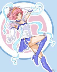 Rule 34 | 1girl, awayuki himeno, bare shoulders, blue choker, blue footwear, blue skirt, boots, choker, commentary, english commentary, foot out of frame, gloves, magical girl, maristar, pink hair, pretear, red eyes, shirt, short hair, signature, simple background, skirt, solo, thigh boots, thighhighs, tiara, white gloves, white shirt