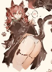 Rule 34 | 1girl, animal ears, ass, black dress, braid, breasts, cat ears, cat girl, cat tail, dress, highres, kaenbyou rin, looking at viewer, medium hair, multiple tails, panties, po (anhk5528), red eyes, red hair, side braids, simple background, sketch, solo, spoken blush, tail, thighs, touhou, twin braids, twisted torso, two tails, underwear