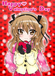 Rule 34 | 1girl, balloon, black gloves, black ribbon, box, brown eyes, brown hair, casual, closed mouth, coat, commentary, english commentary, english text, gift, girls und panzer, gloves, hair ribbon, happy valentine, heart, heart-shaped box, heart balloon, holding, holding gift, kuromori yako, long hair, long sleeves, looking at viewer, mixed-language commentary, one side up, pleated skirt, purple scarf, red skirt, ribbon, scarf, shimada arisu, skirt, smile, snowing, solo, standing, valentine, winter clothes, yellow coat