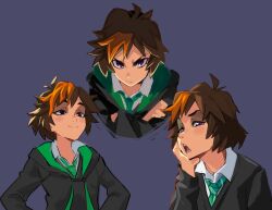 Rule 34 | 1girl, absurdres, black hair, black robe, brown hair, cropped torso, crossed arms, female focus, green necktie, harry potter: hogwarts mystery, harry potter (series), head rest, highres, hogwarts school uniform, looking at viewer, merula snyde, mikkusushi, multicolored hair, necktie, open mouth, purple background, purple eyes, robe, school uniform, serious, simple background, smile, smug, solo, tsurime, two-tone hair, wizarding world
