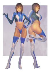 Rule 34 | 2girls, absurdres, ass, bikini, boots, breasts, brown eyes, brown hair, closed mouth, commentary request, dark-skinned female, dark skin, full body, gradient background, hand on own hip, high heel boots, high heels, highleg, highleg bikini, highleg panties, highres, homare (fool&#039;s art), leg up, lips, long sleeves, medium breasts, midriff, multiple girls, multiple views, navel, original, panties, parted lips, pink lips, purple background, race queen, simple background, smile, standing, stomach, swimsuit, thigh boots, thighhighs, thighs, thong, thong bikini, underwear, zipper, zipper pull tab