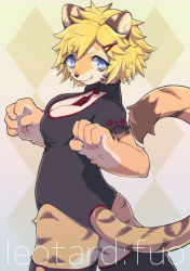 1girl blonde_hair blue_eyes female_focus furry furry_female hanadaiteol leotard original smile solo tiger