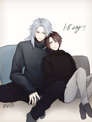 Rule 34 | 2boys, black hoodie, black pants, black socks, black sweater, blue eyes, brown hair, commentary request, couple, crossed ankles, dated, dissidia final fantasy, drawstring, english text, final fantasy, final fantasy i, final fantasy viii, full body, grey background, grey hair, grey pants, grey socks, hand on own foot, hands on lap, hiryuu (kana h), hood, hoodie, indoors, leaning, leaning on person, leaning to the side, long hair, looking at another, looking to the side, male focus, multiple boys, on floor, pants, pillow, purple eyes, scar, scar on face, short hair, signature, sitting, smile, socks, squall leonhart, sweater, turtleneck, turtleneck sweater, warrior of light (ff1), wooden floor, yaoi