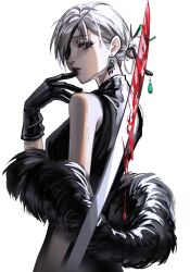 Rule 34 | 1girl, alternate costume, alternate hairstyle, bare shoulders, black dress, black eyes, black gloves, blood, bloody weapon, chainsaw man, chinese commentary, commentary request, dress, earrings, eyepatch, feather boa, finger to mouth, from behind, gloves, grey hair, hair bun, hair ornament, hair stick, hand up, highres, holding, holding sword, holding weapon, jewelry, looking at viewer, looking back, mole, mole under eye, one eye covered, parted lips, quanxi (chainsaw man), short hair, single hair bun, sleeveless, sleeveless dress, solo, standing, swept bangs, sword, upper body, weapon, white background, yunzijiu