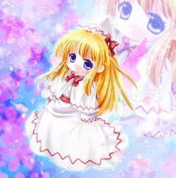 Rule 34 | 1girl, blonde hair, blue eyes, capelet, cherry blossoms, dress, fairy wings, floral background, hat, light particles, lily white, long hair, looking at viewer, sash, sleeves past wrists, solo, touhou, tsukiori sasa, white dress, wings, zoom layer