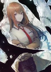 Rule 34 | 1girl, arm belt, arms under breasts, belt, black pantyhose, blue eyes, broken glass, brown hair, crossed arms, dress shirt, gears, gensou aporo, glass, highres, jacket, pantyhose under shorts, long hair, long sleeves, makise kurisu, necktie, open clothes, open jacket, pantyhose, red necktie, shirt, short shorts, shorts, signature, solo, steins;gate, white shirt