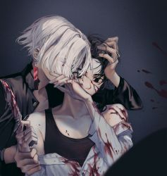 Rule 34 | 2boys, black background, black hair, black jacket, blood, blood on clothes, blood on face, blood splatter, earrings, empty eyes, hand on another&#039;s head, hand up, highres, holding another&#039;s arm, jacket, jewelry, kurokawa izana, long sleeves, male focus, multiple boys, off shoulder, pago0024, purple eyes, sano manjirou, shirt, short hair, single earring, tank top, tokyo revengers, white hair, white shirt
