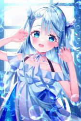 Rule 34 | 1girl, absurdres, ahoge, amatsuka uto, anzu yotsuba, bloom, blue eyes, blue hair, blush, bubble, choker, claw pose, collarbone, dress, flower (symbol), hair ornament, hairclip, highres, indie virtual youtuber, leaning to the side, lens flare, lens flare abuse, light blue hair, long hair, off-shoulder dress, off shoulder, open mouth, ribbon, ribbon choker, shoulder strap, sleeveless, sleeveless dress, two side up, virtual youtuber, white dress, white ribbon, window, wing hair ornament
