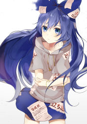Rule 34 | 1girl, absurdres, blue eyes, blue hair, blue skirt, bow, collarbone, commentary request, cowboy shot, frown, hair bow, highres, hood, hoodie, long hair, looking at viewer, miniskirt, paper, short sleeves, simple background, skirt, solo, touhou, translation request, tsukasa (pixiv34617881), white background, wristband, yorigami shion