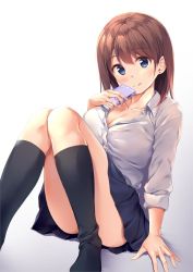 Rule 34 | 1girl, :q, arm support, ass, bad id, bad twitter id, black skirt, black socks, blue eyes, blush, breasts, brown hair, buttons, cellphone, cleavage, closed mouth, collarbone, collared shirt, convenient leg, dress shirt, earrings, gradient background, hand up, head tilt, holding, holding phone, jewelry, kneehighs, knees up, large breasts, long hair, long sleeves, looking at viewer, miniskirt, no shoes, original, pasdar, phone, pleated skirt, shirt, sidelocks, sitting, skirt, sleeves rolled up, smile, socks, solo, thighs, tongue, tongue out, white background, white shirt
