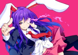 Rule 34 | 1girl, animal ears, black thighhighs, blazer, blouse, closed mouth, clothes lift, glowing, glowing eye, hand on own face, highres, ishimu, jacket, long hair, looking at viewer, necktie, pink background, pink hair, pleated skirt, purple hair, rabbit ears, red eyes, red necktie, reisen udongein inaba, shirt, shirt lift, simple background, skirt, skirt lift, smile, solo, thighhighs, touhou, white shirt