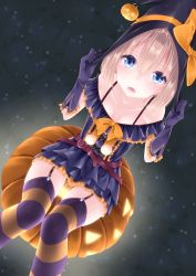 Rule 34 | 1girl, :o, belt, black gloves, blue eyes, bow, brown hair, collarbone, dress, garter straps, gloves, halloween, halloween costume, hat, hat bow, highres, holding, holding clothes, holding hat, jack-o&#039;-lantern, looking at viewer, neptune (series), orange bow, pumpkin, ribbon-trimmed dress, ribbon-trimmed gloves, ribbon trim, rom (neptunia), shikapiro, short hair, shoulder strap, sitting, solo, striped clothes, striped thighhighs, thighhighs, witch, witch hat