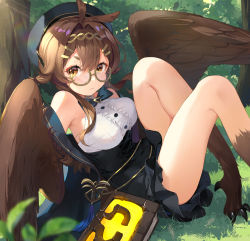 Rule 34 | 1girl, absurdres, bare shoulders, beret, bird legs, black skirt, blue hat, blue jacket, blush, book, brown eyes, brown hair, brown wings, chinese commentary, clover theater, commentary request, eyewear strap, feathered wings, glasses, grass, harpy, hat, high-waist skirt, highres, jacket, long hair, looking at viewer, monster girl, norris (clover theater), semi-rimless eyewear, shirt, short eyebrows, sitting, skirt, solo, tree, white shirt, winged arms, wings, ziyue