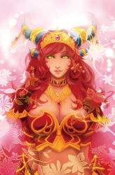 Rule 34 | 1girl, alexstrasza, bad id, bad pixiv id, breasts, choker, cleavage, dragon girl, female focus, gradient background, horn ornament, horns, huge breasts, jewelry, large breasts, long hair, looking at viewer, menhou, midriff, navel, necklace, red eyes, red hair, slit pupils, solo, tiara, warcraft, world of warcraft, yellow eyes