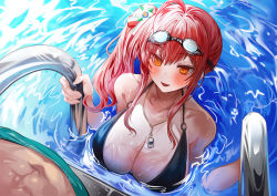 Rule 34 | 1boy, 1girl, azur lane, bad id, bad pixiv id, bikini, black bikini, breasts, from above, goggles, goggles on head, halterneck, highres, large breasts, long hair, looking at viewer, o-ring, o-ring bikini, orange eyes, partially submerged, pool, pool ladder, poolside, red hair, shiny skin, side ponytail, solo focus, suru (ksoo420), swimsuit, water, wet, whistle, whistle around neck, zara (azur lane), zara (poolside coincidence) (azur lane)