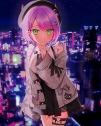 Rule 34 | 1girl, absurdres, beret, blush, city lights, cityscape, commentary request, cowboy shot, demon girl, demon tail, ear piercing, finger to mouth, green eyes, hat, hat pin, highres, hololive, horned hat, ineka ka, jirai kei, leg tattoo, long sleeves, looking at viewer, night, official alternate costume, piercing, purple hair, short hair, shushing, sky, sleeves past fingers, sleeves past wrists, solo, star (sky), starry sky, tail, tail ornament, tail piercing, tattoo, thigh strap, tokoyami towa, tokoyami towa (jirai kei), virtual youtuber