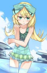 Rule 34 | 1girl, akatoro (nightlord), atelier (series), atelier shallie, blonde hair, bow, cloud, day, female focus, flipped hair, green eyes, hair bow, long hair, miruca crotze, one-piece swimsuit, partially submerged, shy, sky, solo, swimsuit, wading, water