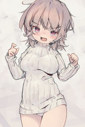 Rule 34 | 1girl, blush, cowboy shot, female focus, grey hair, highres, looking at viewer, messy hair, nep (nep 76), open mouth, original, panties, purple eyes, ribbed sweater, solo, sweater, thighs, underwear, white sweater