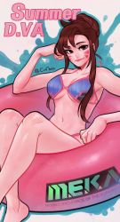 Rule 34 | 1girl, alternate hairstyle, bare shoulders, barefoot, bikini, breasts, brown eyes, brown hair, c.nano, character name, cleavage, closed mouth, collarbone, d.va (overwatch), facepaint, facial mark, hand on own face, highres, innertube, looking at viewer, medium breasts, navel, overwatch, overwatch 1, sidelocks, signature, smile, solo, striped bikini, striped clothes, swim ring, swimsuit, water, whisker markings