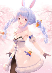 Rule 34 | 1girl, :d, animal ear fluff, animal ears, bare shoulders, bell (oppore coppore), black gloves, black leotard, blue hair, blurry, blurry background, blush, bow, braid, branch, breasts, brown eyes, brown pantyhose, carrot hair ornament, cherry blossoms, cleavage, commentary request, depth of field, detached sleeves, dress, flower, food-themed hair ornament, fur-trimmed dress, fur-trimmed gloves, fur trim, gloves, hair bow, hair ornament, highres, hololive, leotard, long hair, looking at viewer, multicolored hair, open mouth, pantyhose, pink flower, puffy short sleeves, puffy sleeves, rabbit ears, rabbit tail, revision, short eyebrows, short sleeves, small breasts, smile, solo, strapless, strapless dress, strapless leotard, teeth, thick eyebrows, twin braids, twintails, two-tone hair, upper teeth only, usada pekora, usada pekora (1st costume), virtual youtuber, white bow, white dress, white hair, white sleeves